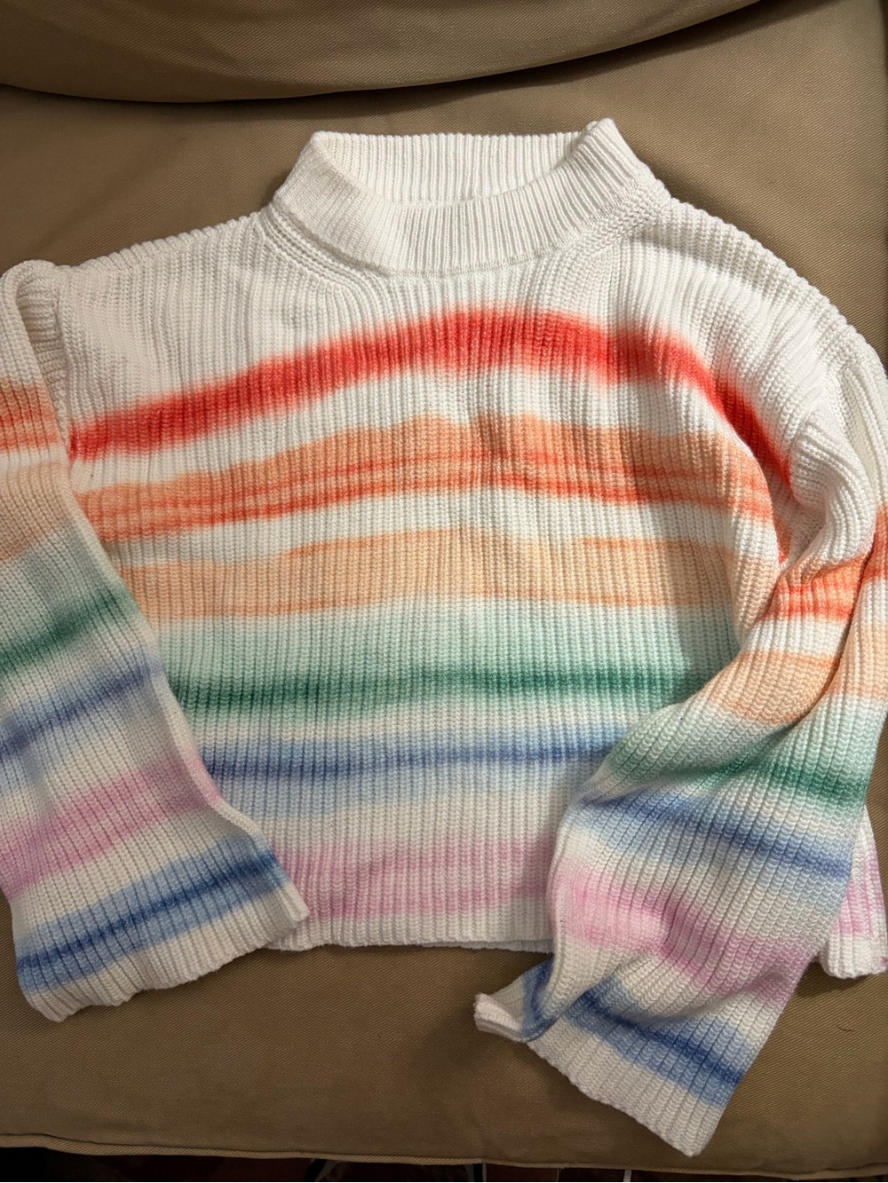 Lola + The Boys White Pullover with Rainbow Pastel Stripes
